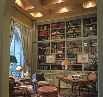 beautiful study with impressive bookshelves