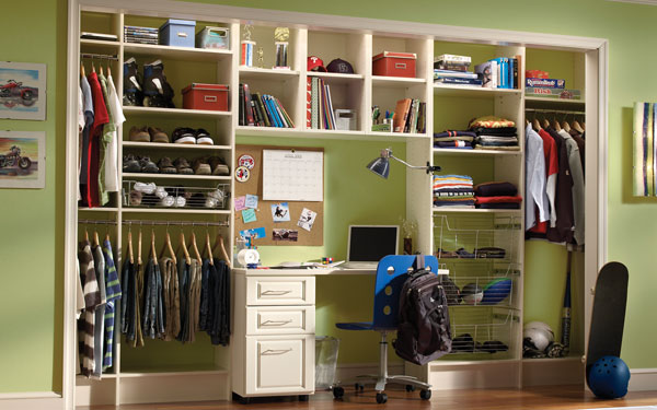 organized closet with built-in shelving