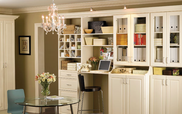 home office with chandelier