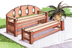 Curved topped all wood bench with matching table in front
