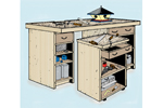 Work bench with wheeled cart is a handy addition to the garage os a workshop space