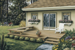 Low patio deck offers a stylish design with built-in L-shaped bench in one corner