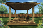 Shaded deck is a freestanding structure that has slated roof above for partial sunlight