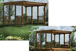 Freestanding patio cover has slated roof for partial sunlight and railings on two sides