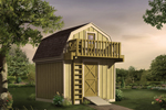 Storage shed with playhouse loft has an outdoor ladder that leads to a second story balcony