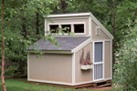 Garden sheds with clerestory window on top has a conveneint side door and window with planter box