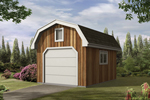 Barn style storage shed has an overhead door for easy storage and a rustic exterior look