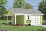 One-car garage has side covered porch for storage or other items