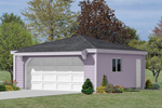 Two-car garage has hip roof design and slight roof overhang