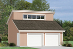 This two-car garage has several transom style windows designed into the roof perfect for a loft space above