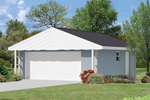 Two-car garage has a roof that overhands the garage doors for more shelter