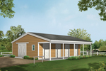 Four stall horse barn has roof overhang for shelter from the weather