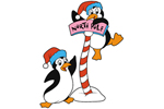 Cute penguins near a north pole sign