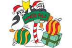 North pole penguin scene with ornaments and gifts