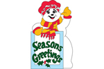 Mrs. Snowman offers a sign posting a holiday greeting to passersby