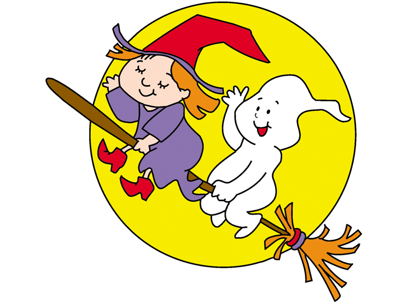 Ranch Plan Front of Home Witch and Ghost on Broom