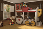 Adorable all wood locomotive bunk bed transforms a child's room into a imaginative play world