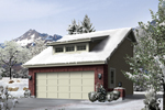 Two-car garage has steep roof pitch and a center celerestory window