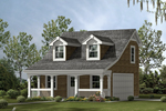 This two-car garage has the look of a cozy cabin with roof dormers and a covered front porch