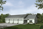 Four-car garage with work shop and equipment storage through front door