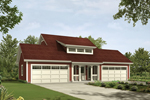 Four-car garage has center doorway with living space above