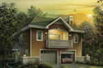 Two-story sleek structure has second floor balcony and two-car garage below