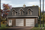 Two-car garage enjoys the Colonial style of three roof dormers and a handy entry door