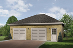 Stylish two-car garage design has an entry door and two separate garge doors along with a hip roof
