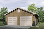 Gabled two-car garage has two separate garage doors and brick exterior