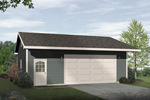 Drive-through two-car garage with front entry door