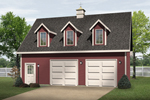 Stylish drive-through two-car garage with triple dormers and roof cupola