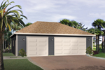 Three-car garage has elegant hip roof design