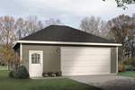 Two-car garage has hip roof design