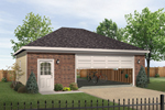 Two-car garage has hip roof design and entry door