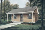 Country style cabin has rustic front porch columns and centered front door