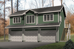 Three-car apartment garage has a center gabled window on the second story for interest