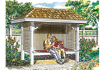 Fully covered arbor style bench has shingle roof and lattice walls for added character