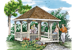 Large square gazebo has a shingle roof and a railing all around