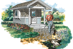Garden shed has covered front porch and charming shingle siding