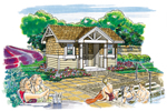 This rustic pool cabana has shingle siding and a Craftsman style gable topped covered porch