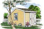This saltbox storage shed has a side window for added light and a barn style front door