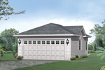 Gabled two-car garage with lights on each side of the garage door
