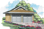 Two-car garage has unique front roof overhang