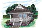 Small cottage house has gabled front with Victorian style wood details 
