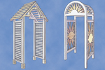 Two stylish entrance arbors offer one with a pointed roof and another with a rounded top