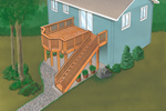 Split-level deck has a bayed deck space and stairs to the ground level