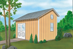 This saltbox storage shed has side double doors and a roomy interior 