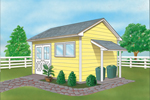 This utlity shed has a double front door with nearby window and a covered roof for trash cans