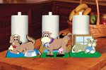 Happy home painted paper towel holders has a design with a dog, cow and cat