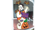 Cute and colorful waving ghost greets halloween trick-or-treaters at your front door